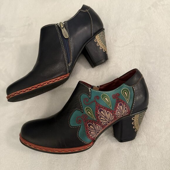 L'Artiste Zami Bootie Black Multi Color Ankle Boots Eu 38 U.S. 7.5/8 Boho Artsy - Picture 12 of 13